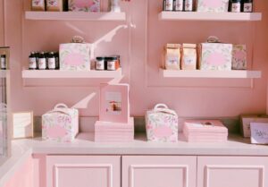 pink shop products on shelves